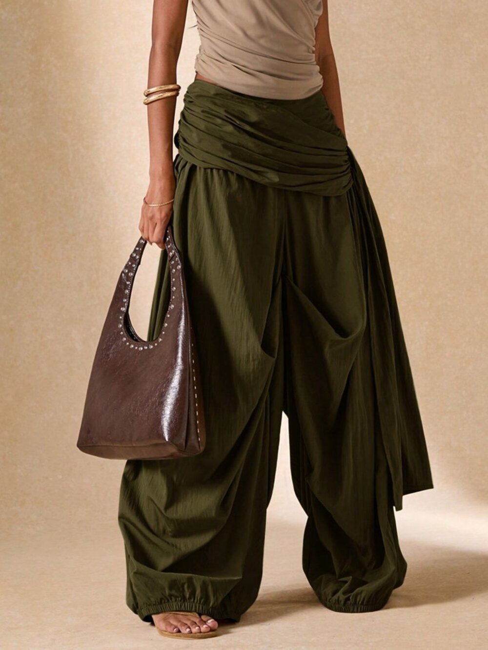 Army Green Boho Women's Pleated Wide-Leg Pants